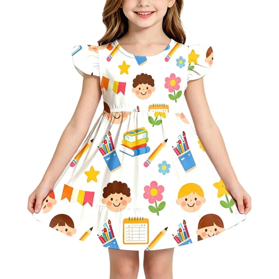 FYDUU Girls Back To School Dresses Girl Flutter Sleeve Dress Cute Printed Casual Summer Sundress for Toddler Kids Back To School Clothes 3-4 Years