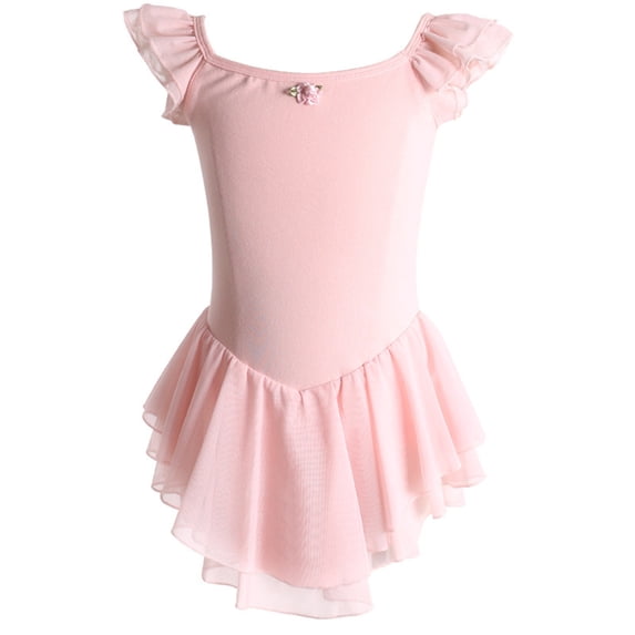 FYDUU Girls Ballet Leotards with Skirt Ruffle Sleeve Ballet Dance Dress Solid Color Tutu Skirted Leotard Kids Toddler Gymnastic Dancewear Casual Midi Dresses 3-4 Years