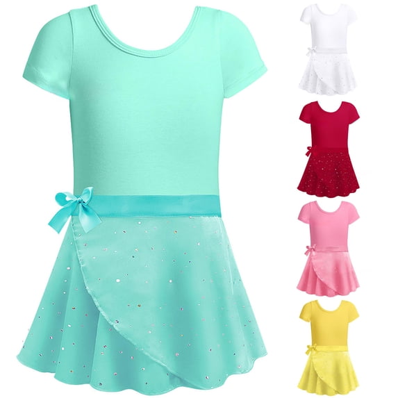 FYDUU Girls Ballet Leotards with Removable Skirt Ballet Dance Dress Set Short Sleeve Ballet Practice Gymnastics Performance Outfit 4-5 Years