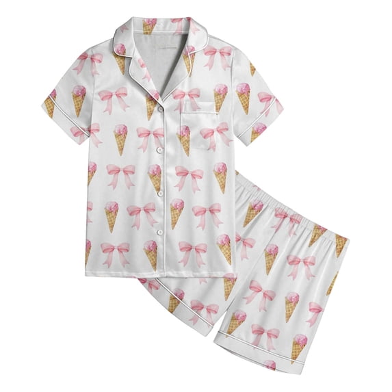 FYDUU Girls Bow Print Short Sleeve Pajamas 2Pcs Button Down Sleepwear Set Soft Comfortable Nightwear for Kids Daily Loungewear 6-7 Years