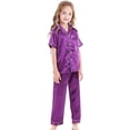 thumbnail image 1 of FYDUU Girls Boys Silky Satin Pajamas Set Kids Short Sleeve Long Pants 2 Piece Sleepwear Clasic Button Down Loungewear Set Soft Warm Jammies Pjs Nightwear 8-9 Years, 1 of 5