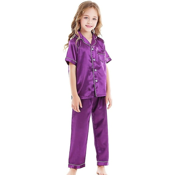 FYDUU Girls Boys Silky Satin Pajamas Set Kids Short Sleeve Long Pants 2 Piece Sleepwear Clasic Button Down Loungewear Set Soft Warm Jammies Pjs Nightwear 8-9 Years