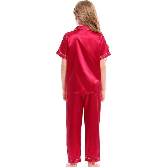 FYDUU Girls Boys Silky Satin Pajamas Set Kids Short Sleeve Long Pants 2 Piece Sleepwear Clasic Button Down Loungewear Set Soft Warm Jammies Pjs Nightwear 2-3 Years