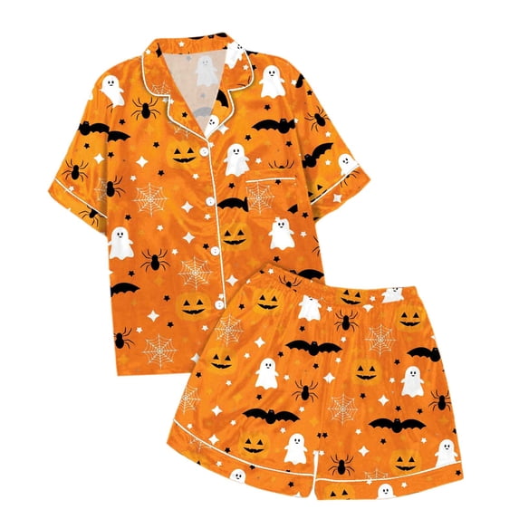 FYDUU Girls Button Down Pajamas Set Kids Halloween Pajama Sets Short Sleeve Shirt And Shorts Sleepwear Set Soft Nightwear Loungewear Outfits Nightclothes 8-9 Years
