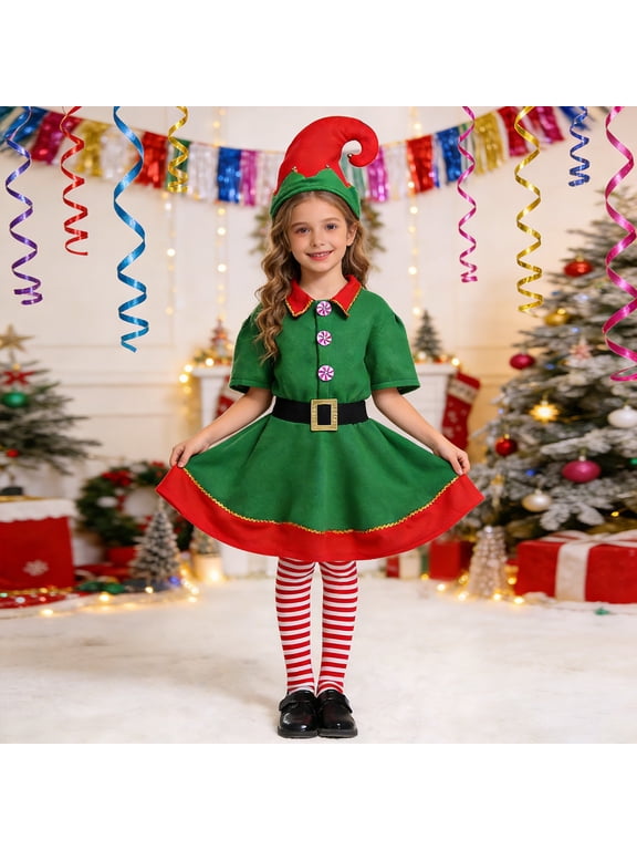 Girls Christmas Elf Costume Set Santa Helper Xmas Outfit Short Sleeve Dress with Elf Hat Belt Striped Socks 4Pcs Holiday Dress Up Outfit