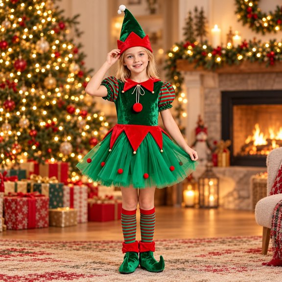 FYDUU Girls Christmas Elf Costume Tutu Dress with Santa Hat Striped Socks Elf Shoes for Stage Performance Xmas Holiday Party Dress Outfits