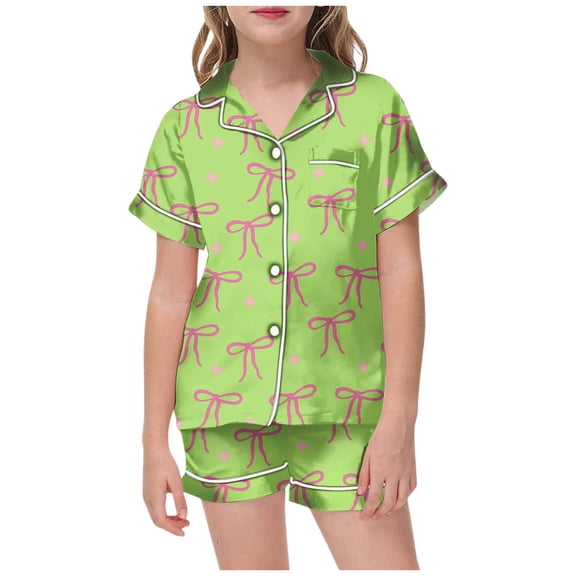 FYDUU Girls Christmas Pajamas 2 Piece Set Bow Print Short Sleeve Top And Shorts Casual Pajamas Toddler Kids Sleepwear Nightwear Loungewear Comfort Sweatsuits