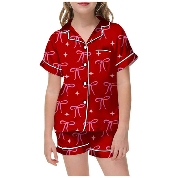 FYDUU Girls Christmas Pajamas 2 Piece Set Bow Print Short Sleeve Top And Shorts Casual Pajamas Toddler Kids Sleepwear Nightwear Loungewear Trendy Winter Clothes
