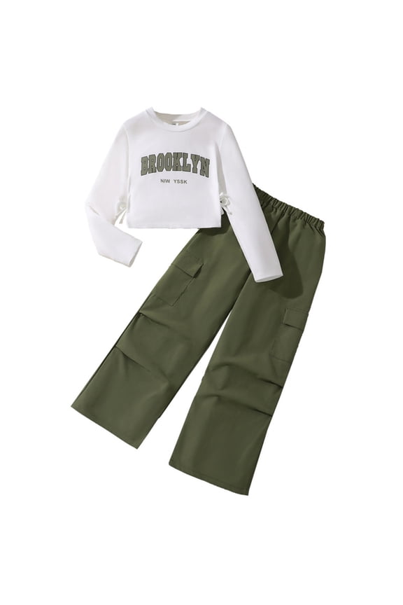 Girls Clothes 2 Piece Outfit Long Sleeve Crop Top T-Shirts And Wide Leg Cargo Pants Set Tween Girls Fall Clothing Sets Fashion Outfits Soft Fall Clothes