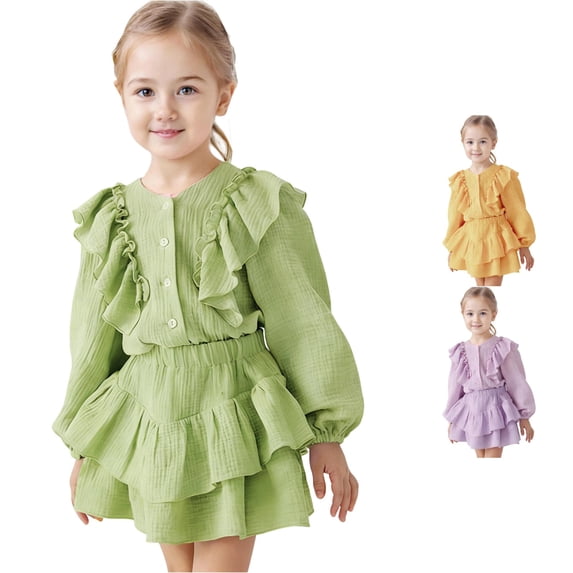FYDUU Girls Clothes 2 Piece Set Ruffle Long Sleeve Button Down Shirts Top + Skirt Set Kids Girl Fashion Back To School Outfits 4-5 Years
