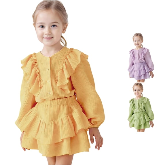 FYDUU Girls Clothes 2 Piece Set Ruffle Long Sleeve Button Down Shirts Top + Skirt Set Kids Girl Fashion Back To School Outfits 6-7 Years