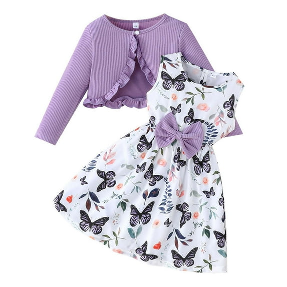 FYDUU Girls Clothes Fall Outfits Girls Dress And Cardigan Sets Fashion Floral Print Sleeveless Dresses And Long Sleeve Cardigan Set Fall Clothes 6-7 Years