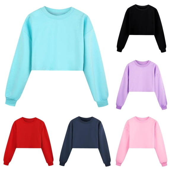 FYDUU Girls Cropped Sweatshirt Kids Crewneck Long Sleeve Solid Color Pullover Sweatshirts Crop Tops for Girl Trendy Clothes 13-14 Years