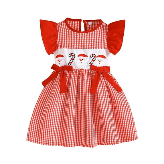 FYDUU Girls Dress Christmas Dresses Toddler Girl Party Dress With Lace Trim Cute Cartoon Print Plaid Pattern Holiday Casual Sundress 2-3 Years