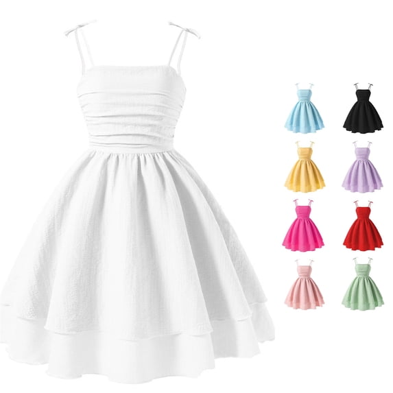 FYDUU Girls Dress Sleeveless Tie Knot Spaghetti Strap Midi Dresses Summer Smocked Tiered Beach Sundress for Girls A-Line Dress 11-12 Years