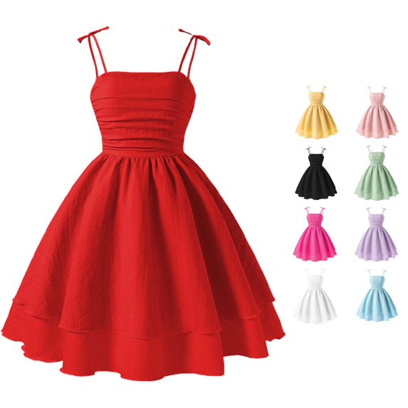FYDUU Girls Dress Sleeveless Tie Knot Spaghetti Strap Midi Dresses Summer Smocked Tiered Beach Sundress for Girls A-Line Dress 8-9 Years