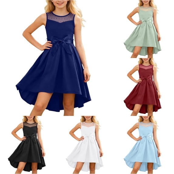 FYDUU Girls Dresses Sleeveless Mesh Party Dress with Bow Belt Formal Flower Girl Dress Elegant Casual A-Line Midi Sundress 7-8 Years