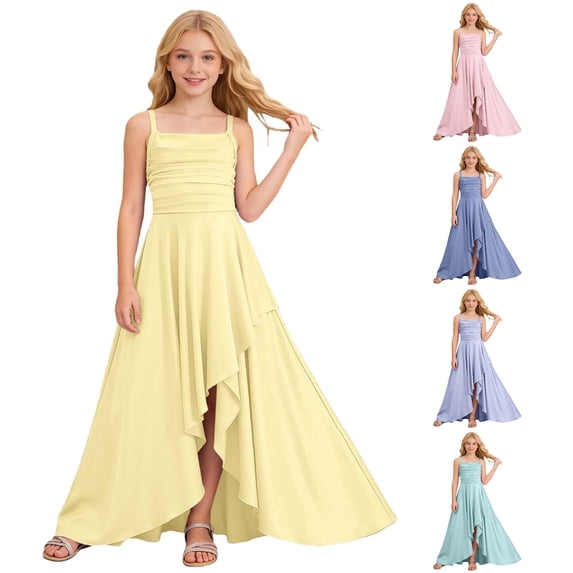 FYDUU Girls Dresses Wedding Guest Dress Strapless Ruffle Party Dress Ruched Asymmetrical Princess Birthday Dresses Formal Sundress 15-16 Years