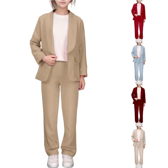 FYDUU Girls Formal Suit Set Casual Solid Color Lapel Jacket Button Open Front Long Sleeve Blazers and Pants Suit Sets Kids Outfits 11-12 Years