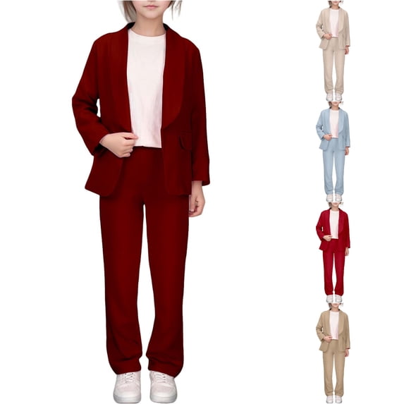 FYDUU Girls Formal Suit Set Casual Solid Color Lapel Jacket Button Open Front Long Sleeve Blazers and Pants Suit Sets Kids Outfits 5-6 Years