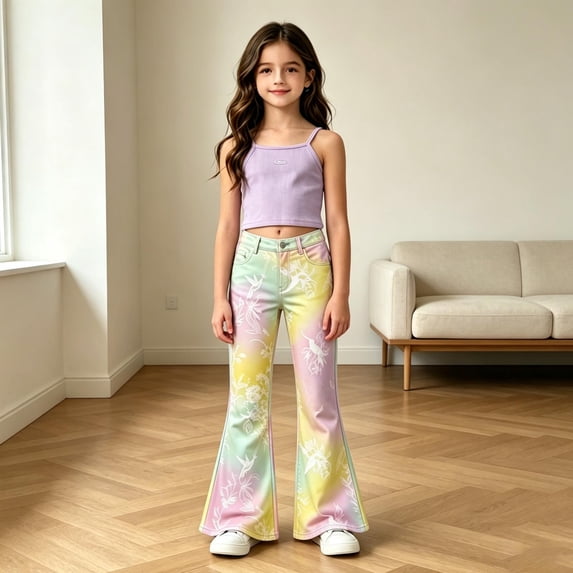 FYDUU Girls Gradient Colorful Print Flare Pants for Kids High Waist Bootcut Dress Pants Slim Fit Stretch Bell Bottom Trousers Comfy Slacks 11-12 Years
