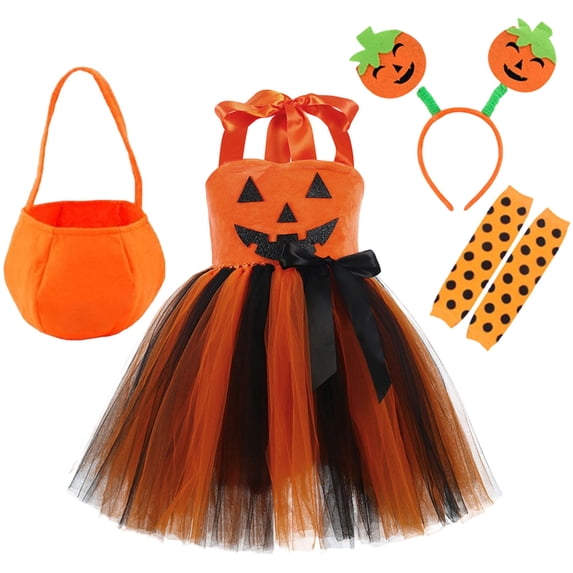 FYDUU Girls Halloween Pumpkin Outfit Set 4Pcs Sleeveless Tulle Tutu Dress with Pumpkin Headband Arm Sleeves Candy Bag Holiday Party Outfits 3-4 Years
