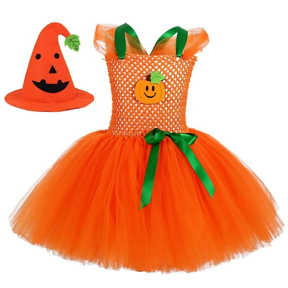FYDUU Girls Halloween Set Toddler Kids Party Dress With Hat Puffy Sleeves Pumpkin Outfit For Fall Winter Carnival School Event Adorable Trendy 3-4 Years