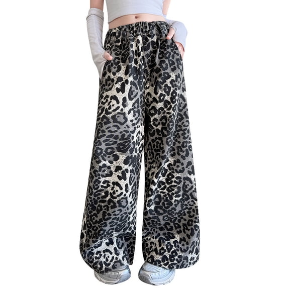 FYDUU Girls High Waisted Pants Girls Pants Leopard Print Wide Leg Trousers Fashionable Autumn Kids Casual Elastic Waist Trousers 5-6 Years