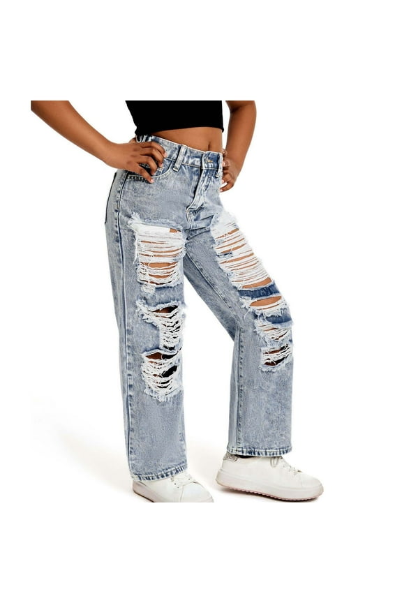 Girls Jeans Baggy Denim Pants Girls Ripped Denim Jeans Kids Straight Wide Leg Distressed Washed Baggy Pants For Teen Girls Loose Fit Denim Trousers 9-10 Years