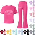 thumbnail image 1 of FYDUU Girls Outfits Sets Summer Casual Letter Print Short Sleeve Tops Tee Shirts with Flare Leg Pants Fashion Clothing 2Pcs Set 10-11 Years, 1 of 3