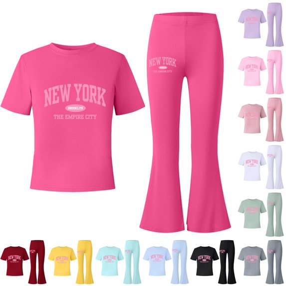 FYDUU Girls Outfits Sets Summer Casual Letter Print Short Sleeve Tops Tee Shirts with Flare Leg Pants Fashion Clothing 2Pcs Set 10-11 Years