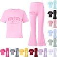 thumbnail image 1 of FYDUU Girls Outfits Sets Summer Casual Letter Print Short Sleeve Tops Tee Shirts with Flare Leg Pants Fashion Clothing 2Pcs Set 10-11 Years, 1 of 1