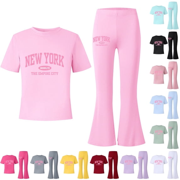 FYDUU Girls Outfits Sets Summer Casual Letter Print Short Sleeve Tops Tee Shirts with Flare Leg Pants Fashion Clothing 2Pcs Set 10-11 Years