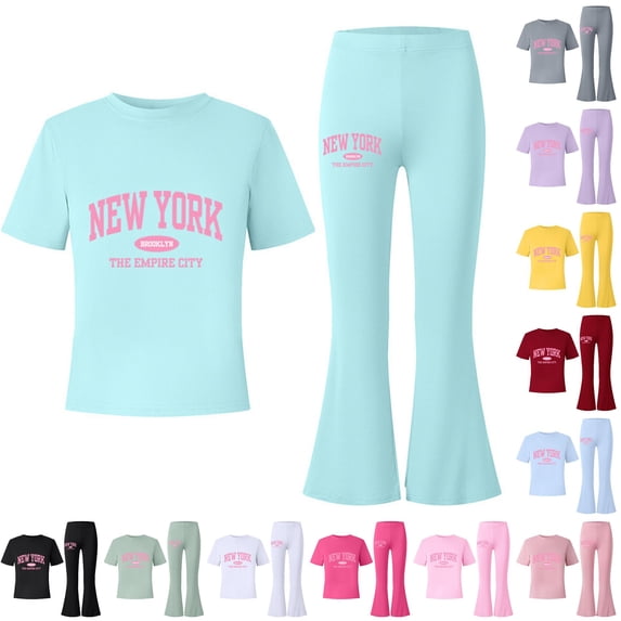 FYDUU Girls Outfits Sets Summer Casual Letter Print Short Sleeve Tops Tee Shirts with Flare Leg Pants Fashion Clothing 2Pcs Set 7-8 Years