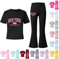 thumbnail image 1 of FYDUU Girls Outfits Sets Summer Casual Letter Print Short Sleeve Tops Tee Shirts with Flare Leg Pants Fashion Clothing 2Pcs Set 9-10 Years, 1 of 3