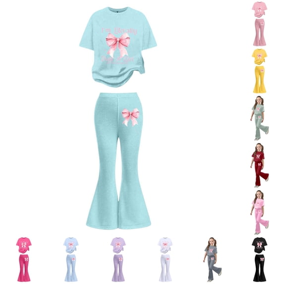 FYDUU Girls Outfits Sets Summer Short Sleeve Bow Graphic T-Shirt Tops + Flared Pants 2 Piece Kids Girl Fashion Clothing Set 11-12 Years