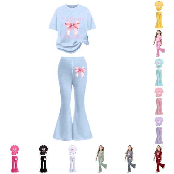 FYDUU Girls Outfits Sets Summer Short Sleeve Bow Graphic T-Shirt Tops + Flared Pants 2 Piece Kids Girl Fashion Clothing Set 9-10 Years