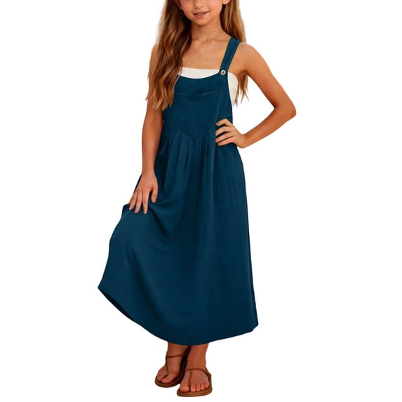 FYDUU Girls Overall Dress Sleeveless Spaghetti Straps Maxi Dresses Summer Loose Casual Sundress Solid Color Jumper Dress With Pockets 13-14 Years