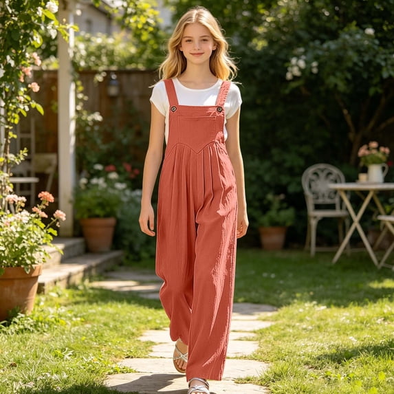 FYDUU Pants for Girls Overall Jumpsuit Wide Leg Casual Long Pants Sleeveless Rompers Solid Color Overalls Trousers For Kids Daily School Wear 14-15 Years