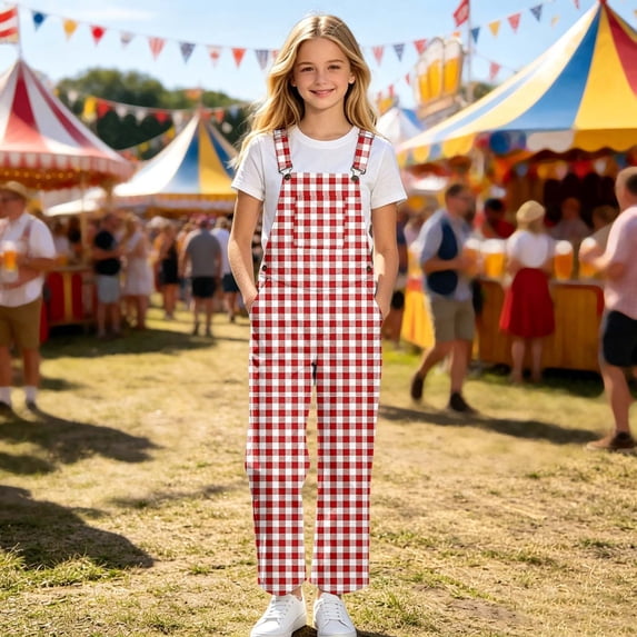 FYDUU Girls Overalls Kids Casual Sleeveless Plaid Jumpsuits Adjustable Straps Suspender Pants School Casual Overalls Trousers With Pockets 13-14 Years