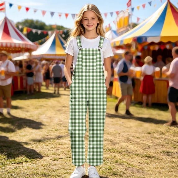 FYDUU Girls Overalls Pants Casual Sleeveless Plaid Adjustable Straps Suspender Pants Kids School Casual Overalls Trousers With Pockets 7-8 Years
