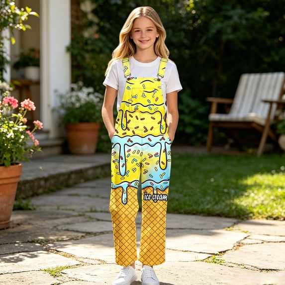 FYDUU Girls Overalls Kids Sleeveless Straight Leg Jumpsuit Suspender Pants With Pocket Ice Cream Printed Bib Overall Trousers School Wear 13-14 Years