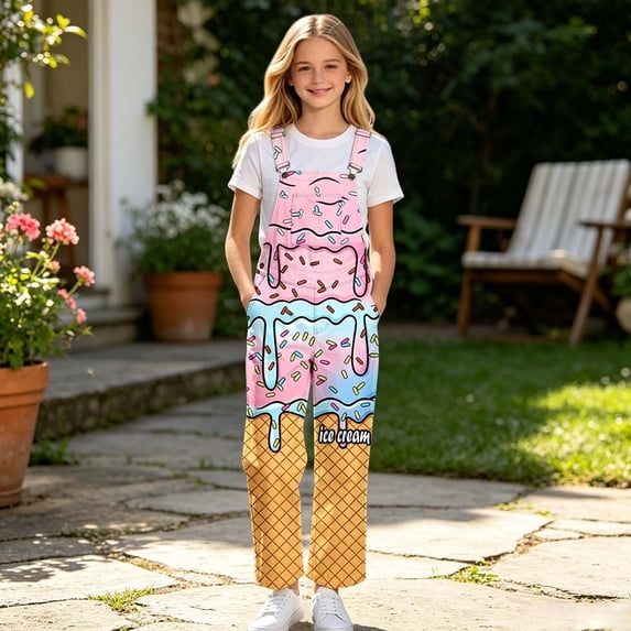 FYDUU Girls Overalls Kids Sleeveless Straight Leg Jumpsuit Suspender Pants With Pocket Ice Cream Printed Bib Overall Trousers School Wear 5-6 Years