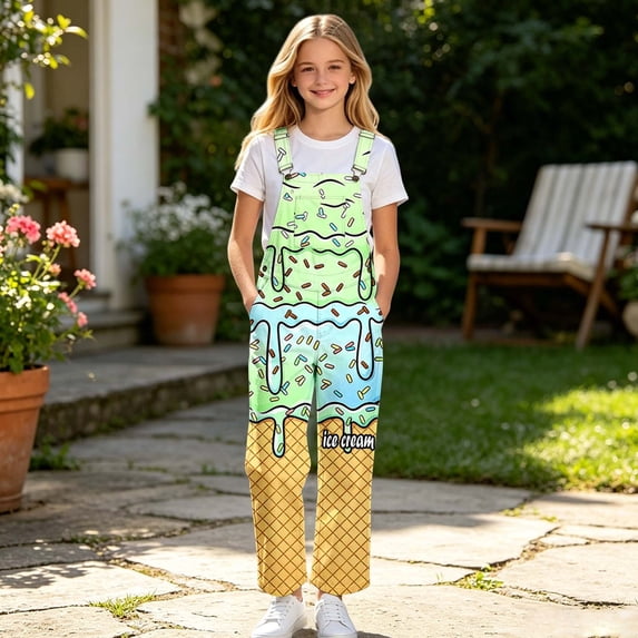 FYDUU Girls Overalls Kids Sleeveless Straight Leg Jumpsuit Suspender Pants With Pocket Ice Cream Printed Bib Overall Trousers School Wear 7-8 Years
