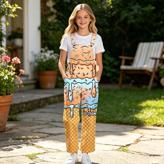 FYDUU Girls Overalls Kids Sleeveless Straight Leg Jumpsuit Suspender Pants With Pocket Ice Cream Printed Bib Overall Trousers School Wear 9-10 Years