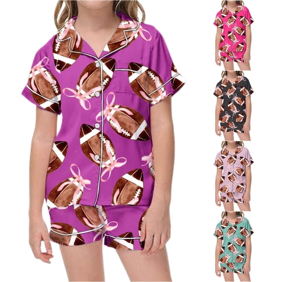 FYDUU Girls Pajama Sets Football Rugby Bow Print Short Sleeve Top and Shorts 2 Piece Pajamas Button Down Sleepwear Soft Kids Nightwear Outfit 8-9 Years