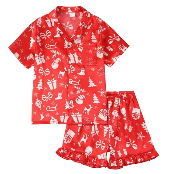 FYDUU Girls Pajamas 2 Piece Set Kids Boys Girls Pajama Sets Christmas Pajamas Cute Prints Short Sleeve Shirt Tops Shorts Sleepwear Holiday Pjs Sets 9-10 Years