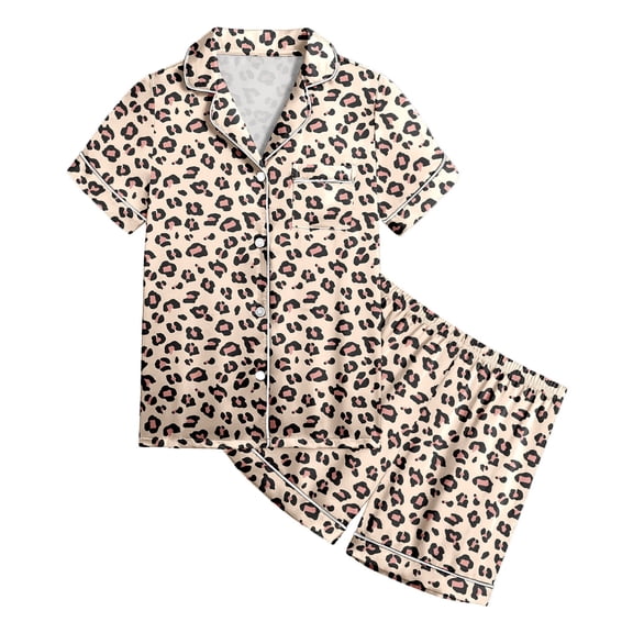 FYDUU Girls Pajamas 2 Piece Sleepwear Leopard Print Short Sleeve Button Down Shirt Shorts Pajama Set Children's Daily Loungewear 10-11 Years