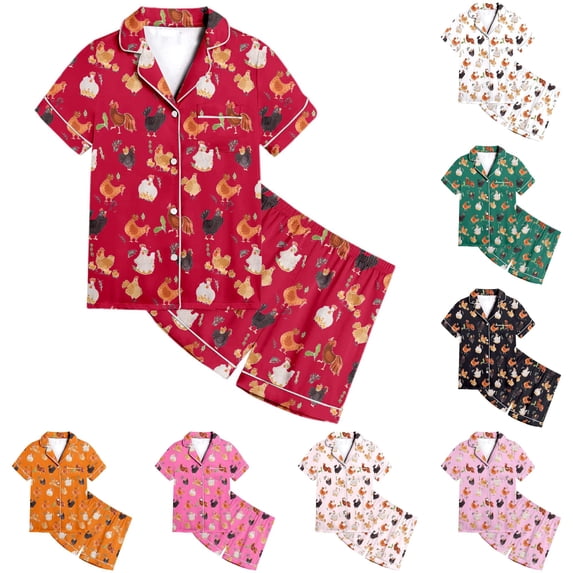 FYDUU Girls Pajamas Animal Chicken Printed Short Sleeve Button Down Shirt Shorts Set Kids Sleepwear Loungewear 2 Piece Outfits 10-11 Years