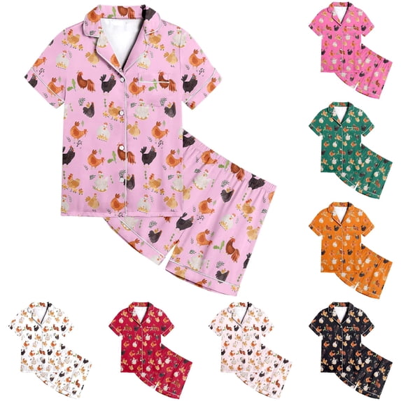 FYDUU Girls Pajamas Animal Chicken Printed Short Sleeve Button Down Shirt Shorts Set Kids Sleepwear Loungewear 2 Piece Outfits 2-3 Years